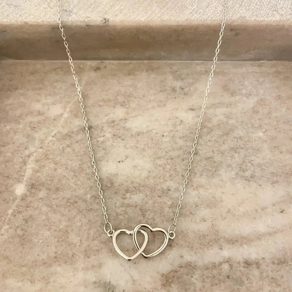 925 Sterling Silver Double Heart Linked Necklace Interlocking Hearts Necklace - Picture 3 of 15